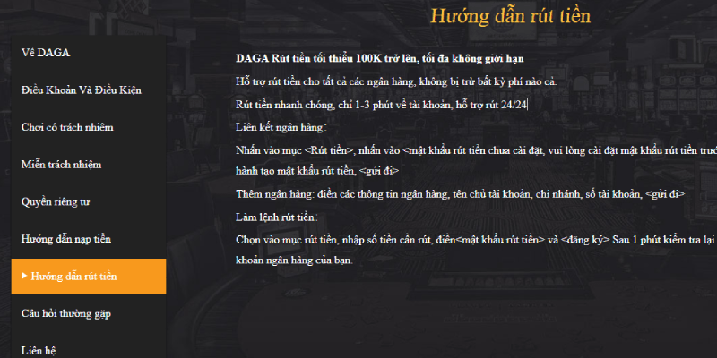 Rút tiền Daga, Hướng dẫn chi tiết cách rút tiền tại nhà cái Daga Chính sách rút tiền DAGA như thế nào?
